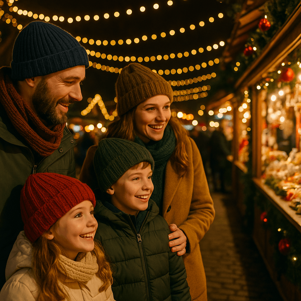 Dansk familie nyder aftenstemning på julemarked i Storbritannien