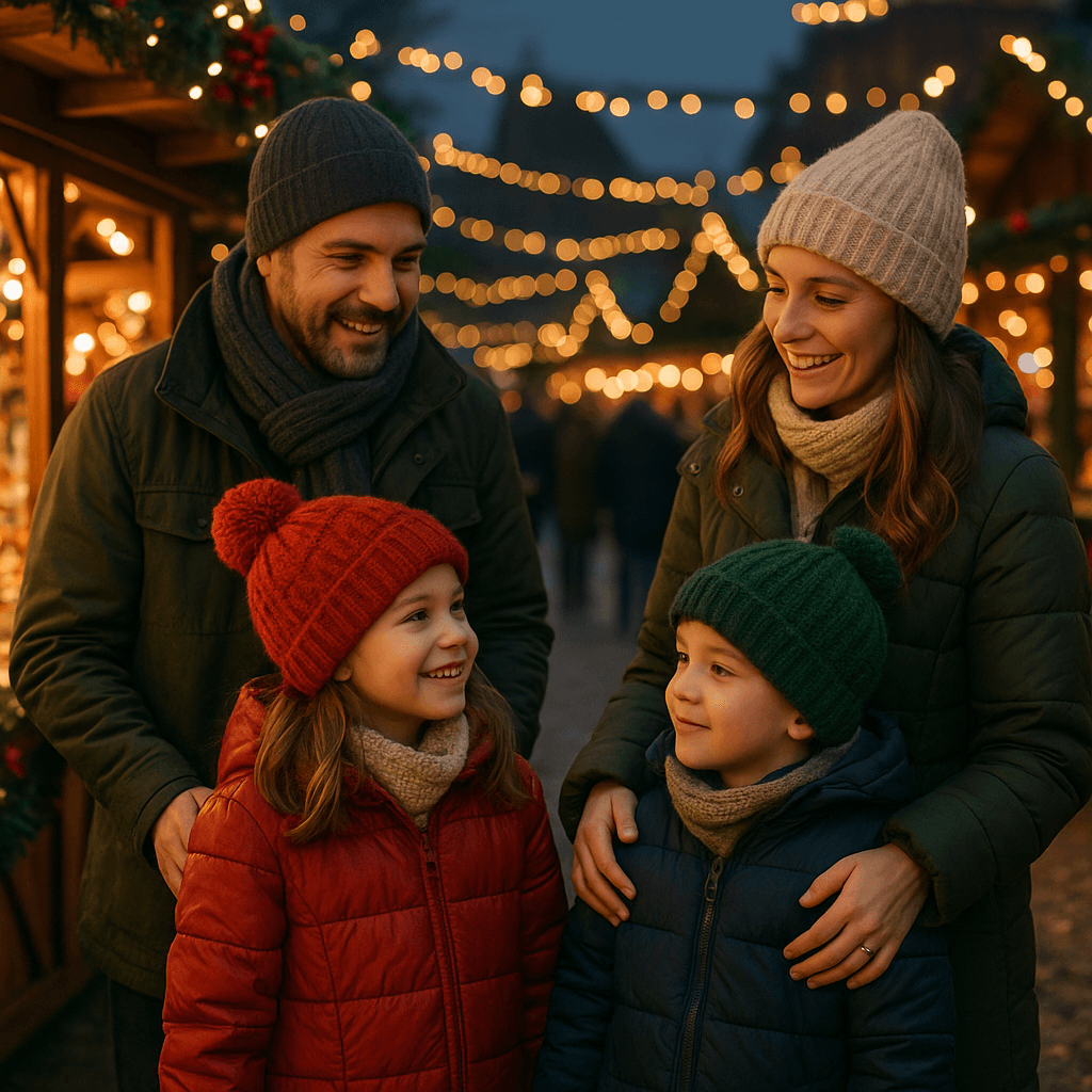 Dansk familie nyder julemarked i Storbritannien med festlige lys