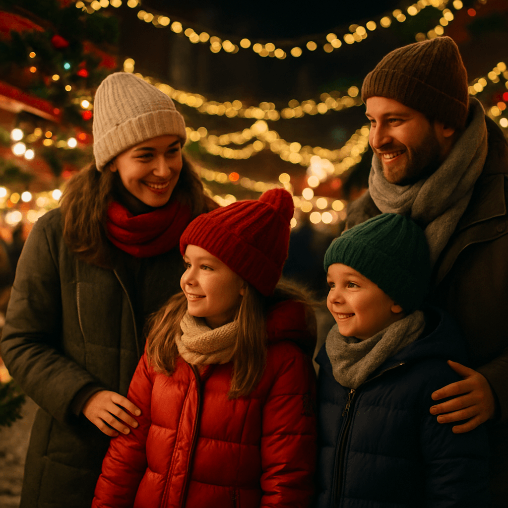 Dansk familie besøger britisk julemarked om aftenen med lys og dekorationer