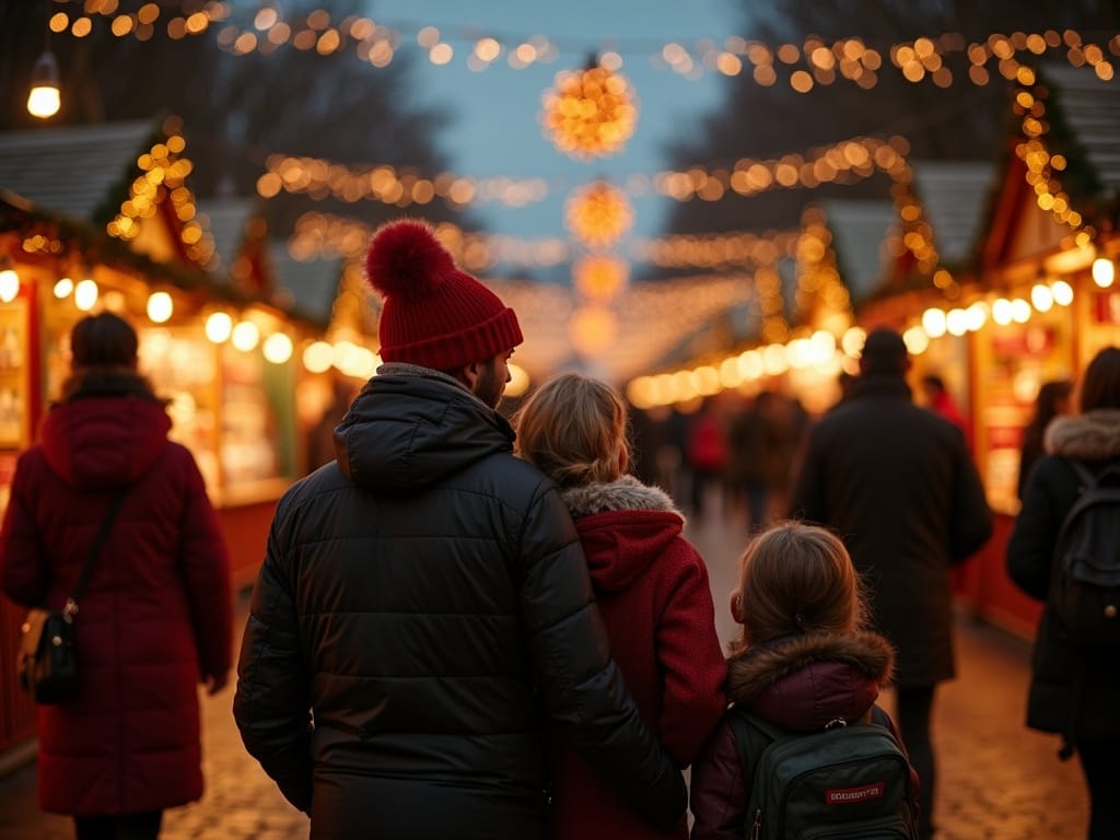 Dansk familie besøger julemarked i Storbritannien med lys og boder