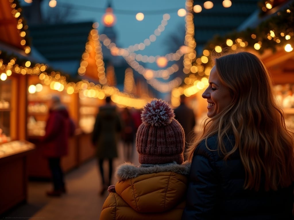 Dansk familie nyder britisk julemarked med lys og boder i aftenbelysning