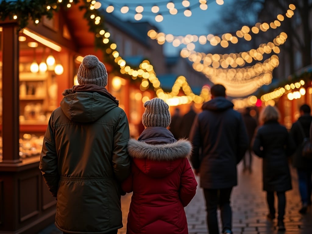 Dansk familie besøger julemarked i Storbritannien med julelys og boder