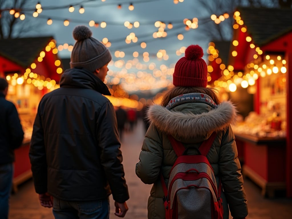 Dansk familie nyder aftenstemningen på et julemarked i Storbritannien med lys og julepynt