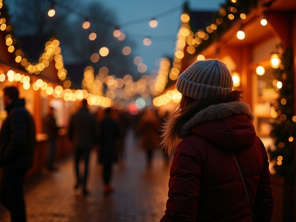 Dansk familie besøger julemarked i UK med lys og dekorationer