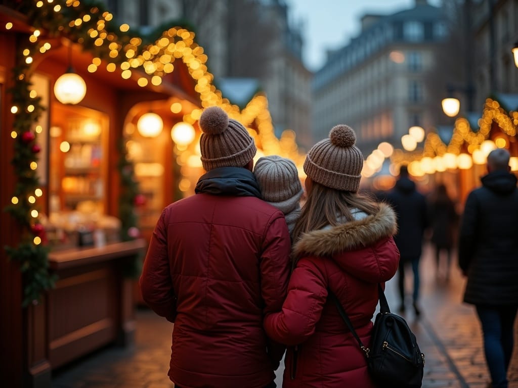 Dansk familie nyder aftenstemning på julemarked i London med julelys og boder