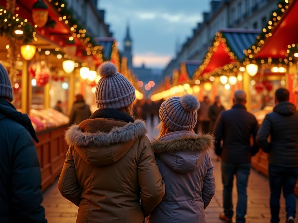 Dansk familie besøger julemarked i London med festlige lys og boder i baggrunden