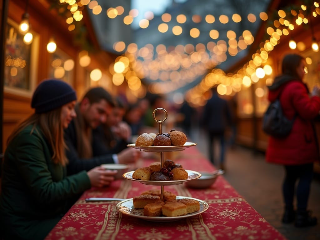 Dansk familie udforsker engelsk julemarked under festlige lys