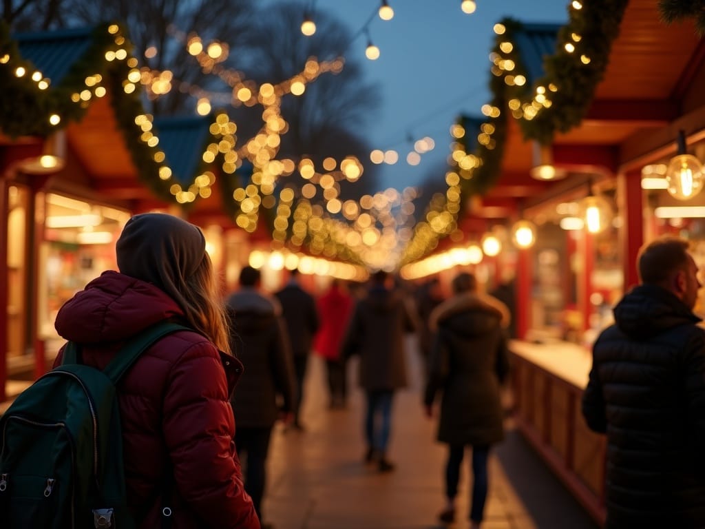 Dansk familie nyder et britisk julemarked i London under aftenens festlige belysning