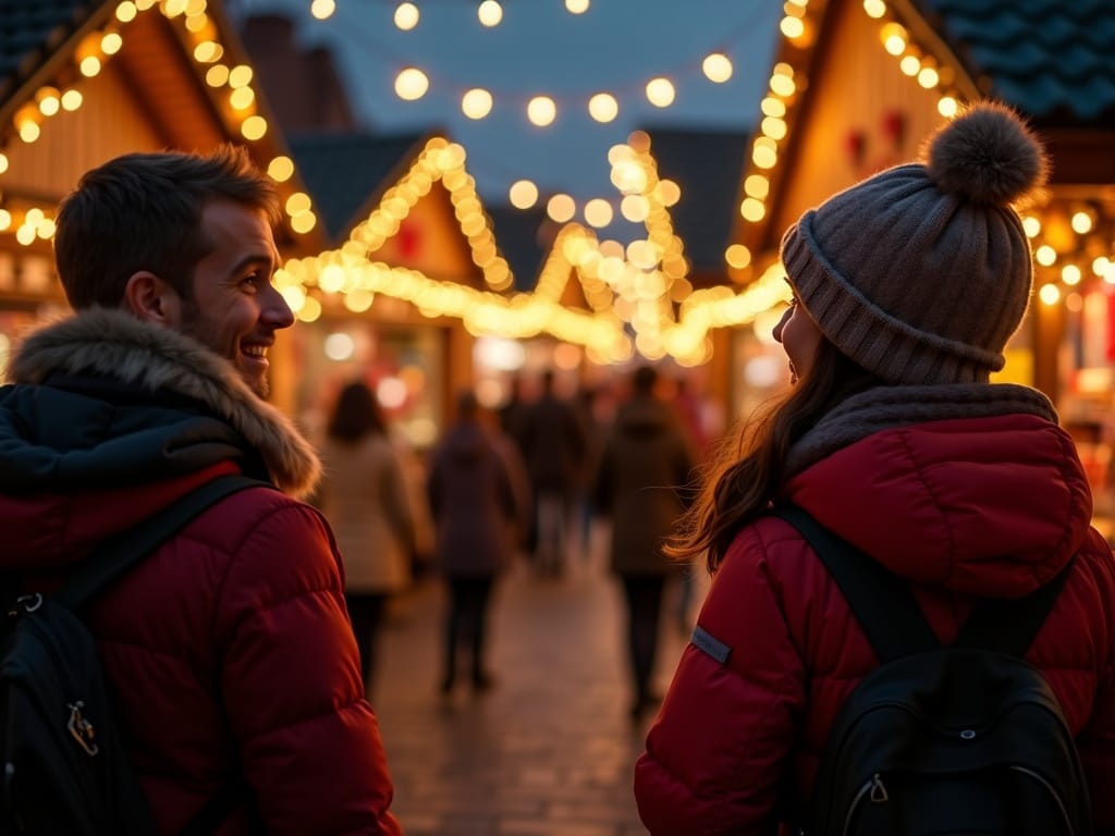 En EU-familie nyder et britisk julemarked med farverige lys og boder
