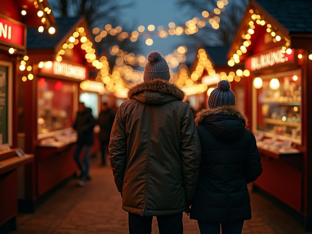 Dansk familie nyder julemarked i London med lys og pynt i aftenmørket