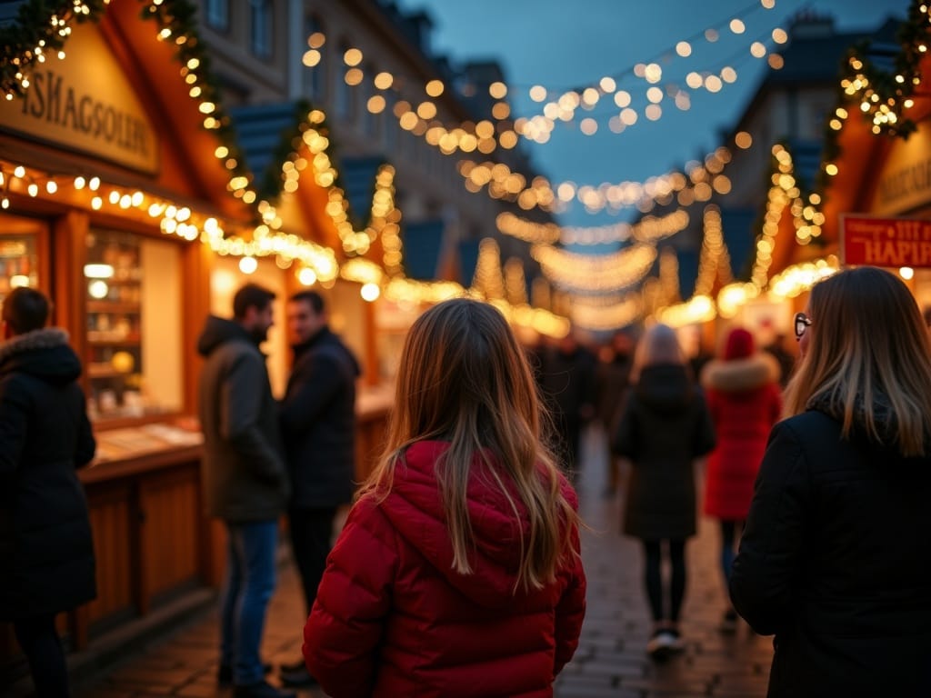 Dansk familie besøger julemarked i London om aftenen med farverige lys og dekorationer