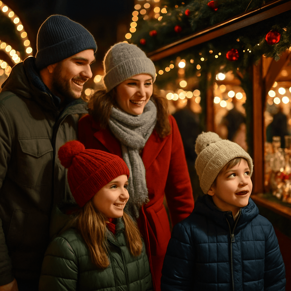 Dansk familie nyder britisk julemarked med lys og stemning om aftenen