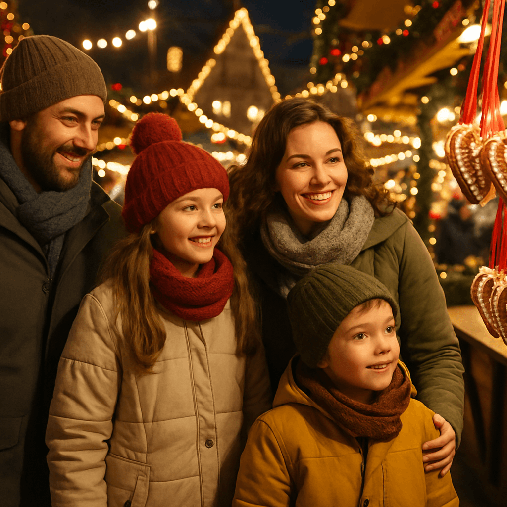 Dansk familie nyder britisk julemarked med lys og boder i aftentimerne