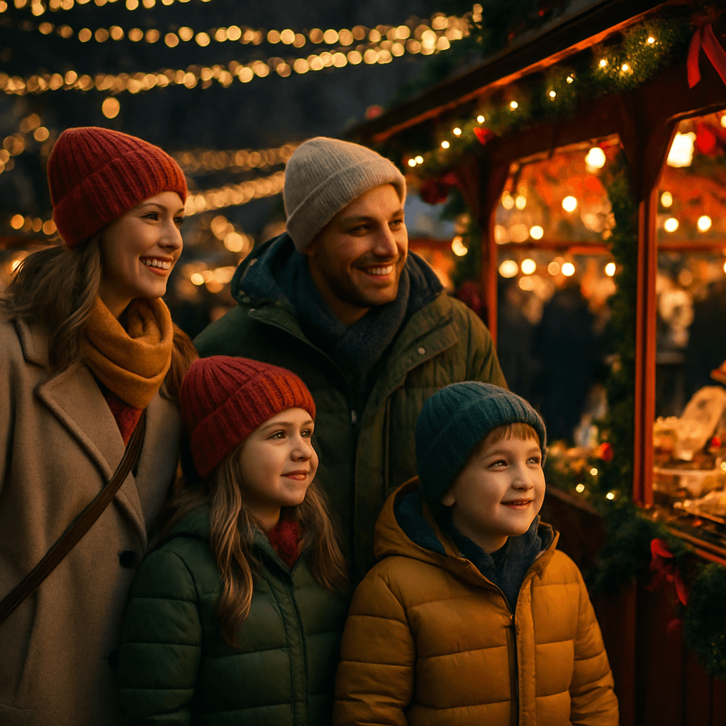 Dansk familie nyder julemarked i Storbritannien med festlys om aftenen