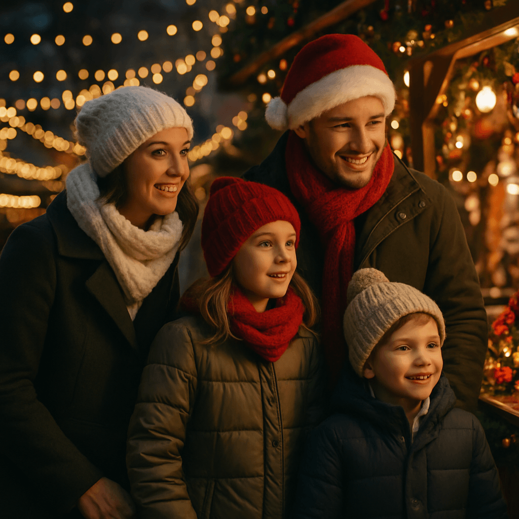 Dansk familie besøger julemarked i Storbritannien med lys og dekorationer
