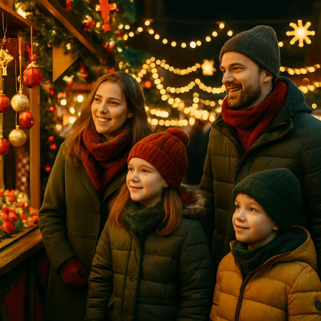 Dansk familie nyder julemarked i UK med festlige lys og boder om aftenen