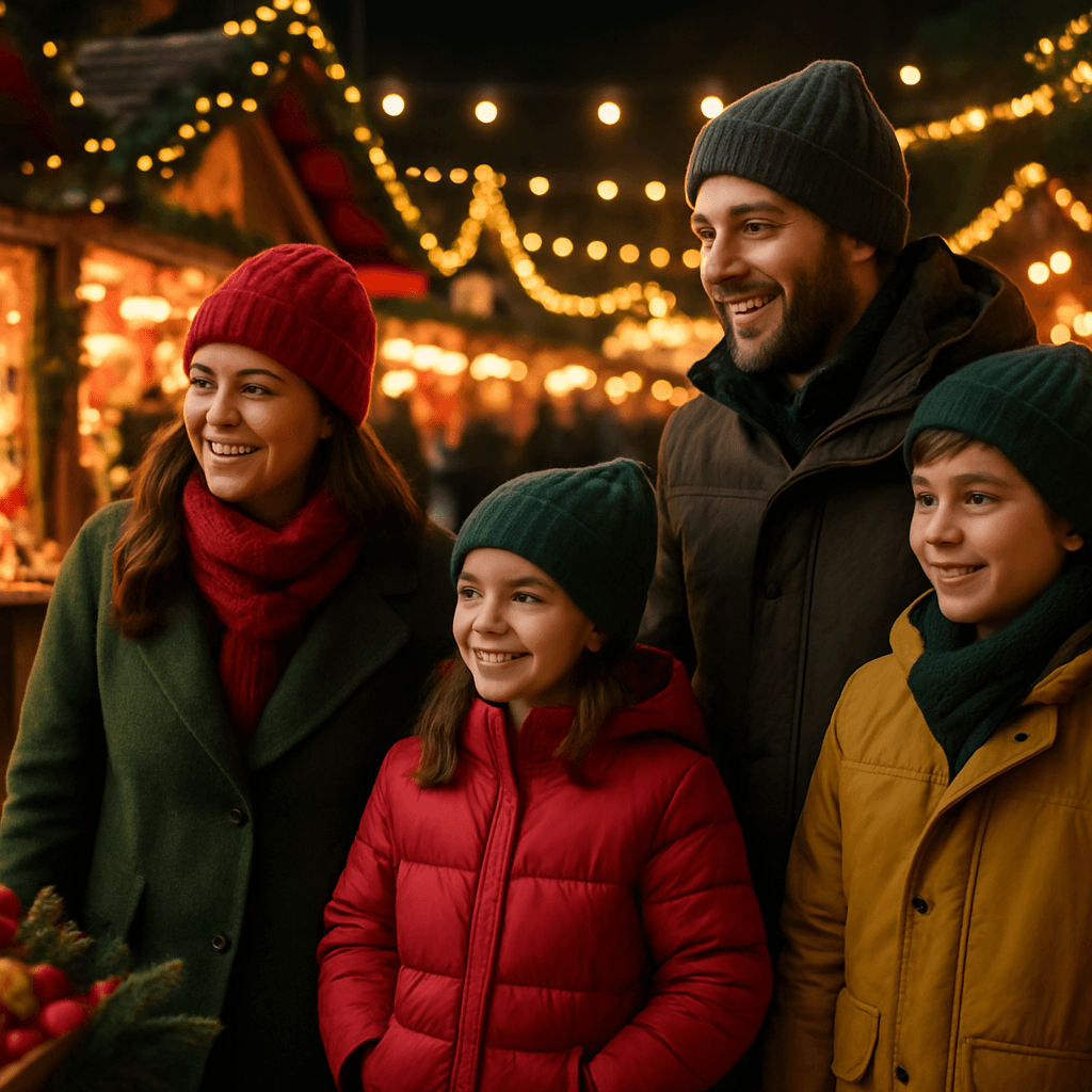 Dansk familie nyder aftenen på britisk julemarked med lys og boder