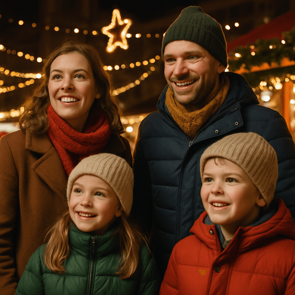 Dansk familie nyder julemarked i Storbritannien under festlige aftenlys