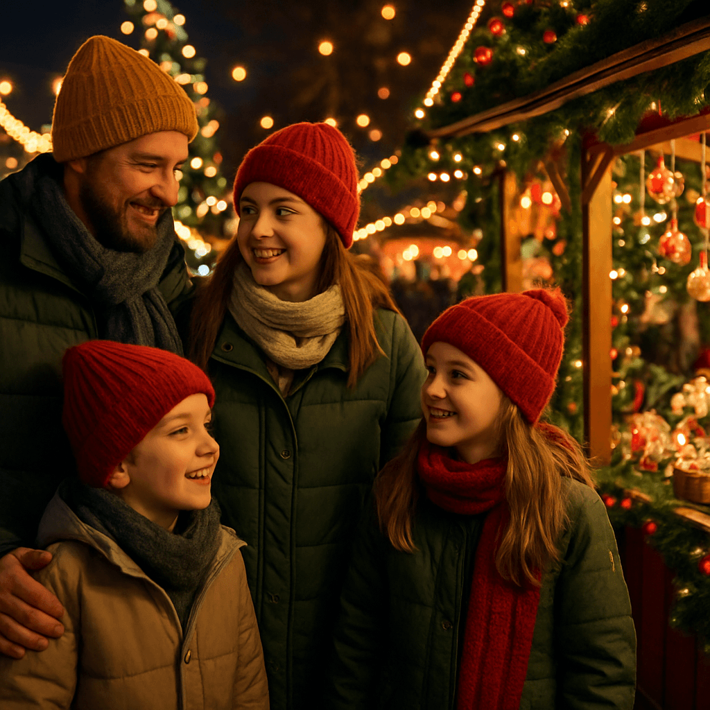 Dansk familie nyder julemarked i England under aftenlys og juleudsmykning