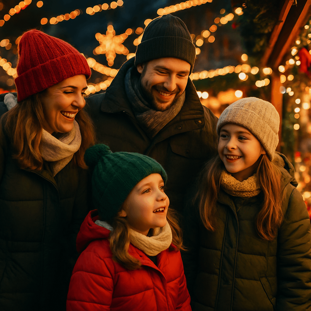 Dansk familie på britisk julemarked med lys og dekorationer om aftenen
