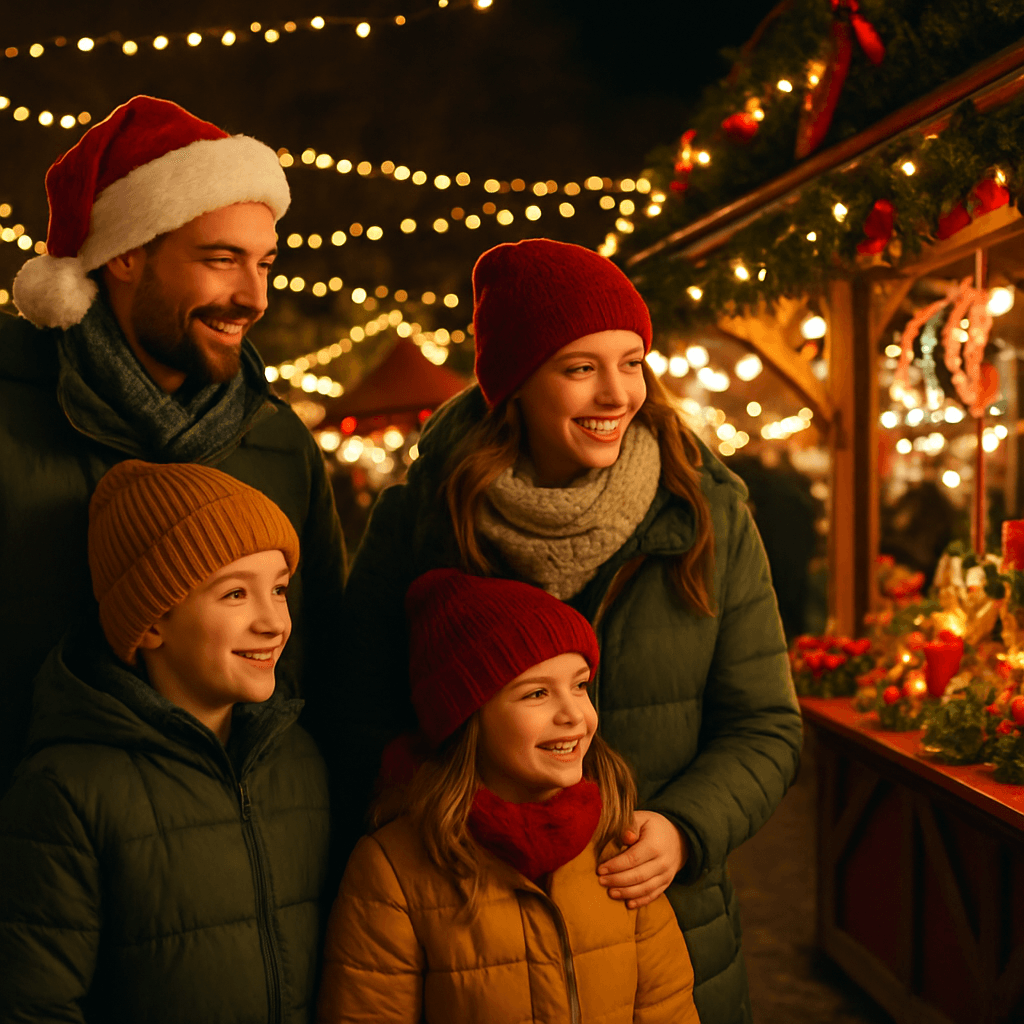 Dansk familie besøger britisk julemarked med lys og boder om aftenen