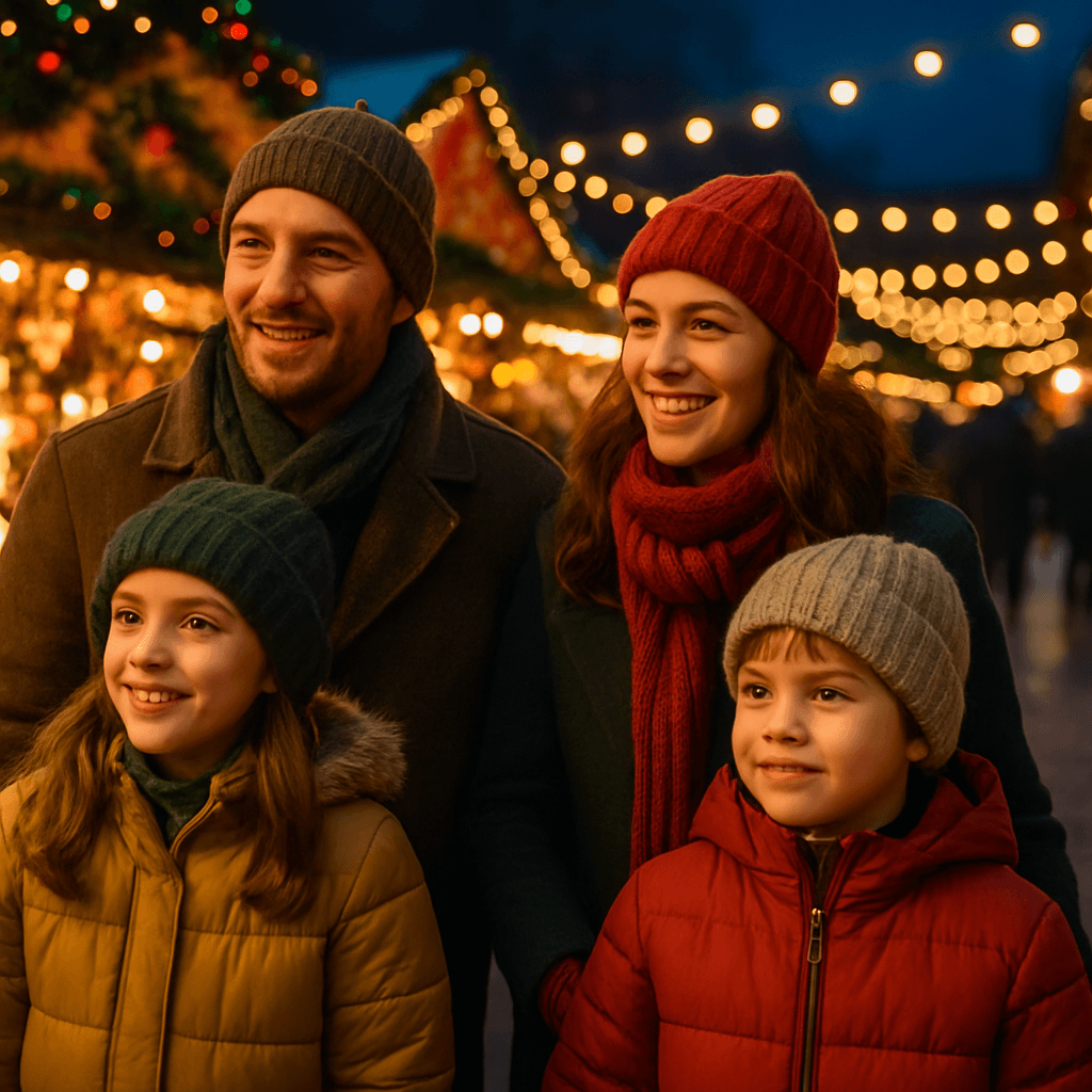 Dansk familie udforsker julemarked i Storbritannien under aftenlys