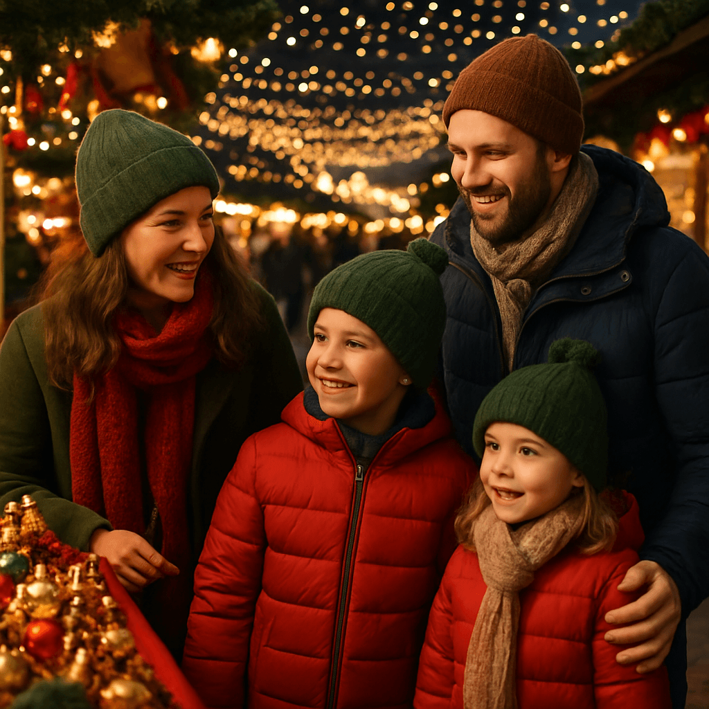 Dansk familie nyder aftenstemning på julemarked i Storbritannien med lys og boder