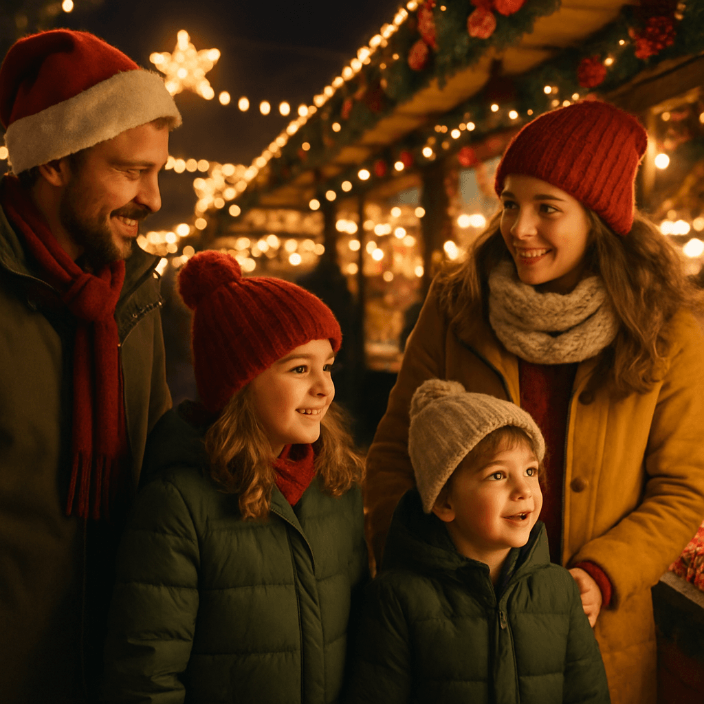 Dansk familie nyder aftenstemning på britisk julemarked med lys og boder