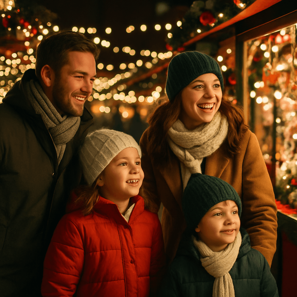Dansk familie besøger britisk julemarked med lys og boder i festligt aftenmiljø