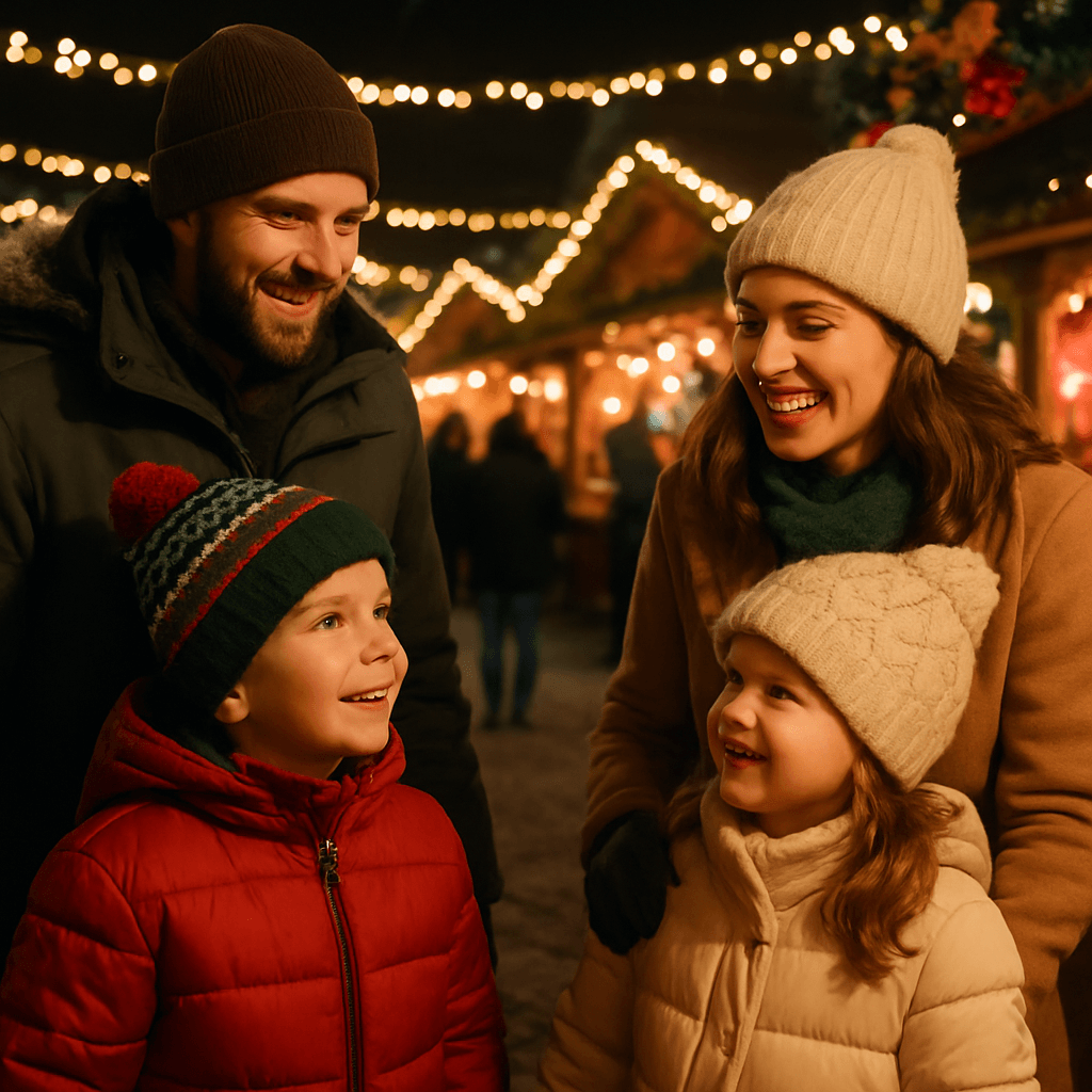 Dansk familie nyder julemarked i Storbritannien om aftenen med festlige lys