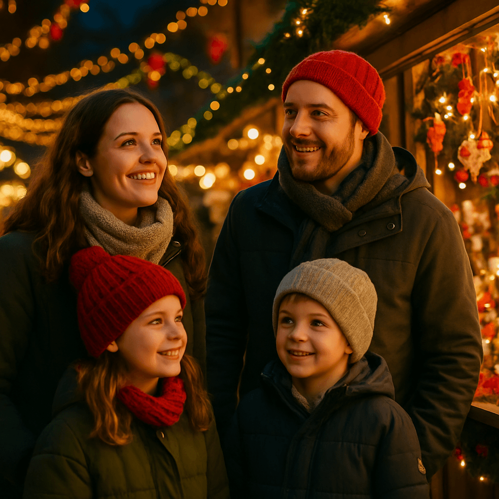 Dansk familie nyder aftenstemning ved britisk julemarked med lys og boder