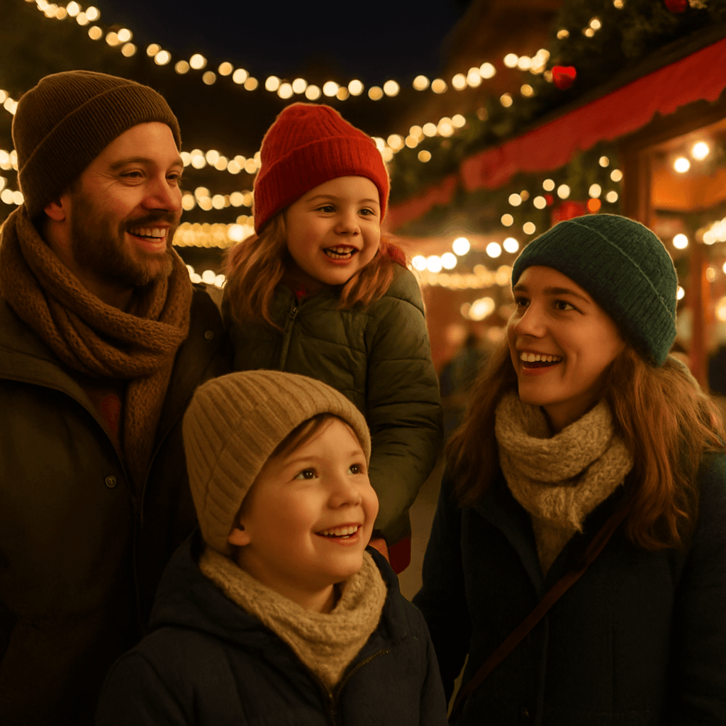 Dansk familie nyder julemarked i Storbritannien med lys og dekorationer