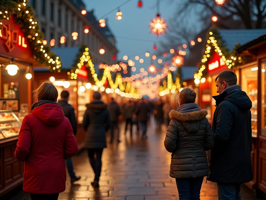 Dansk familie besøger britisk julemarked i London med lys og dekorationer