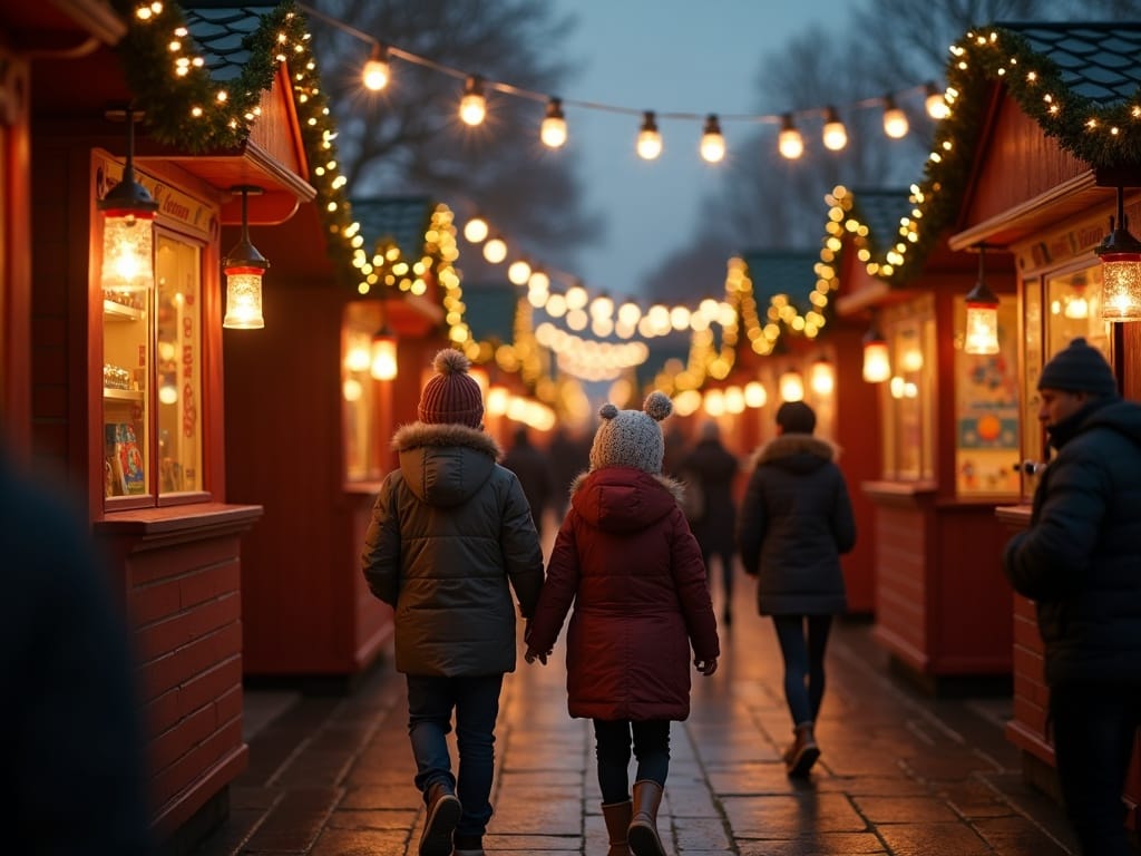 Dansk familie nyder et julemarked i London med lys og dekorationer