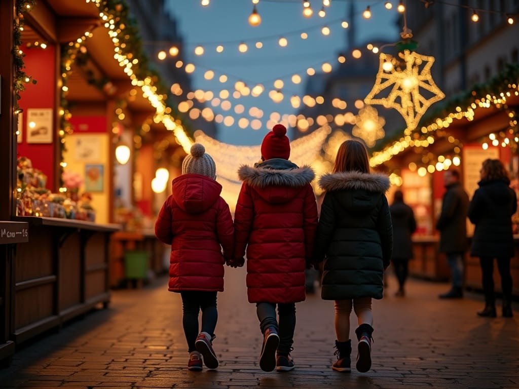 Dansk familie besøger britisk julemarked med festlige lys i aftenstemning