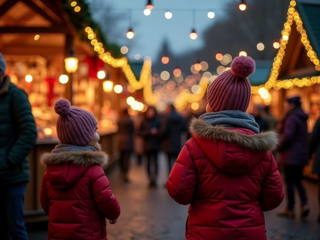 Dansk familie besøger britisk julemarked med festlige lys og dekorationer