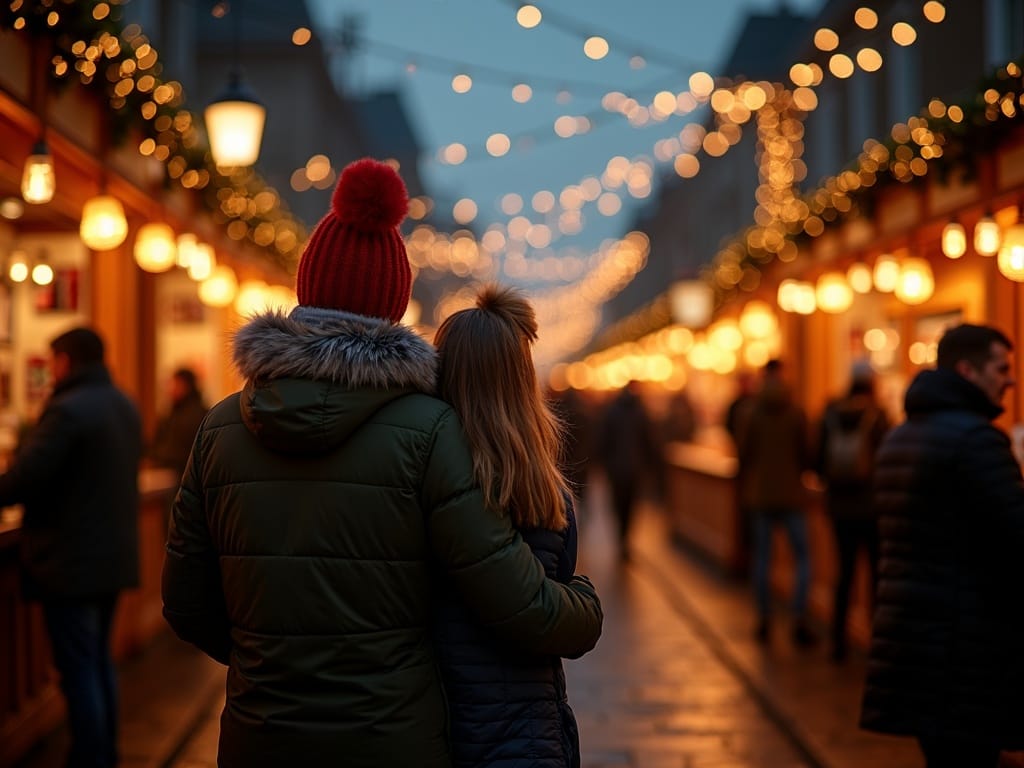 Dansk familie besøger julemarked i London med festlige lys i baggrunden