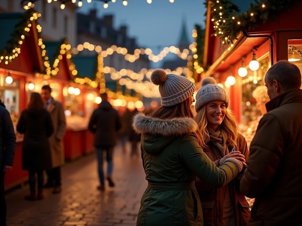 Dansk familie nyder aftenstemning på julemarked i London med lys og boder