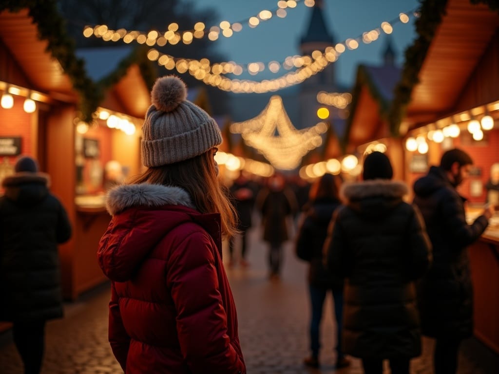 Dansk familie nyder julemarked i London under festlige lys om aftenen