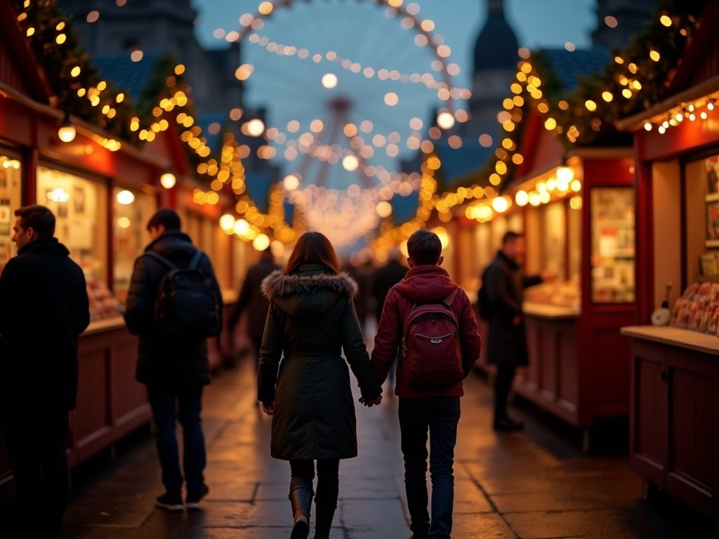 Dansk familie på julemarked i London under aftenens festlige julelys
