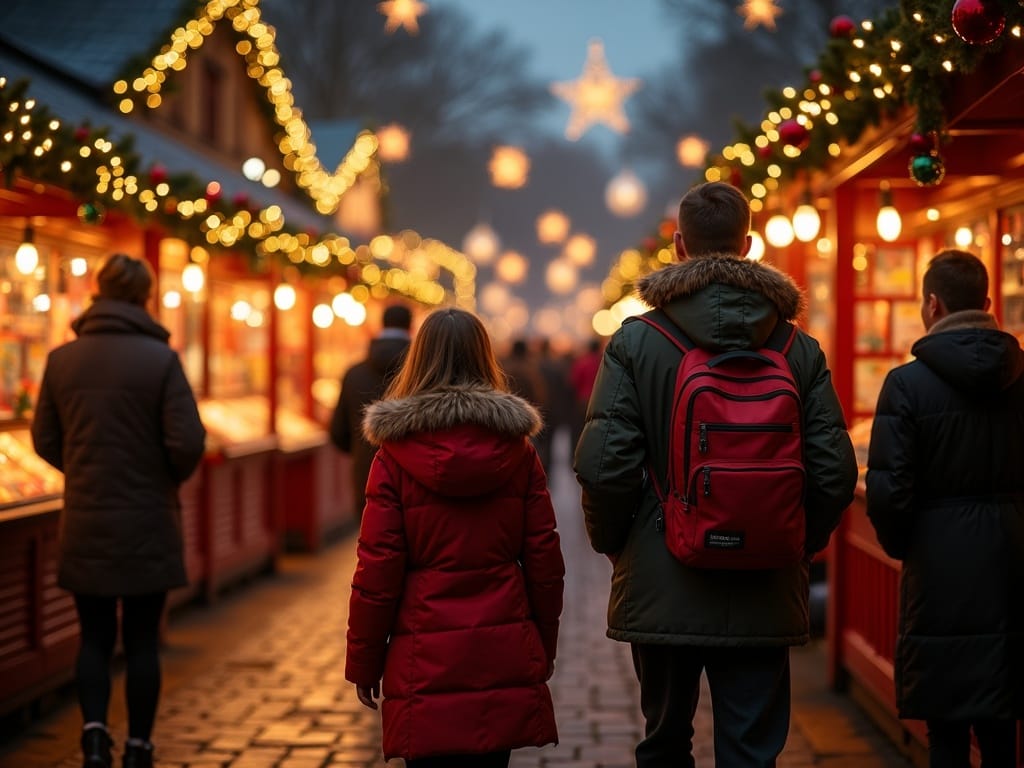 Dansk familie går gennem julemarked i Storbritannien med festlige lys