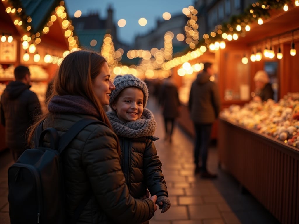 Dansk familie nyder aftenstemning på julemarked i Storbritannien med farverige lys og dekorationer