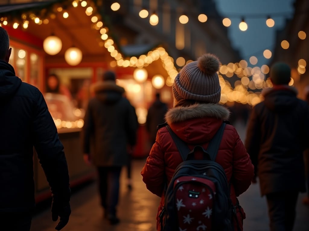 Dansk familie ved britisk julemarked med lys og boder i aftentimerne