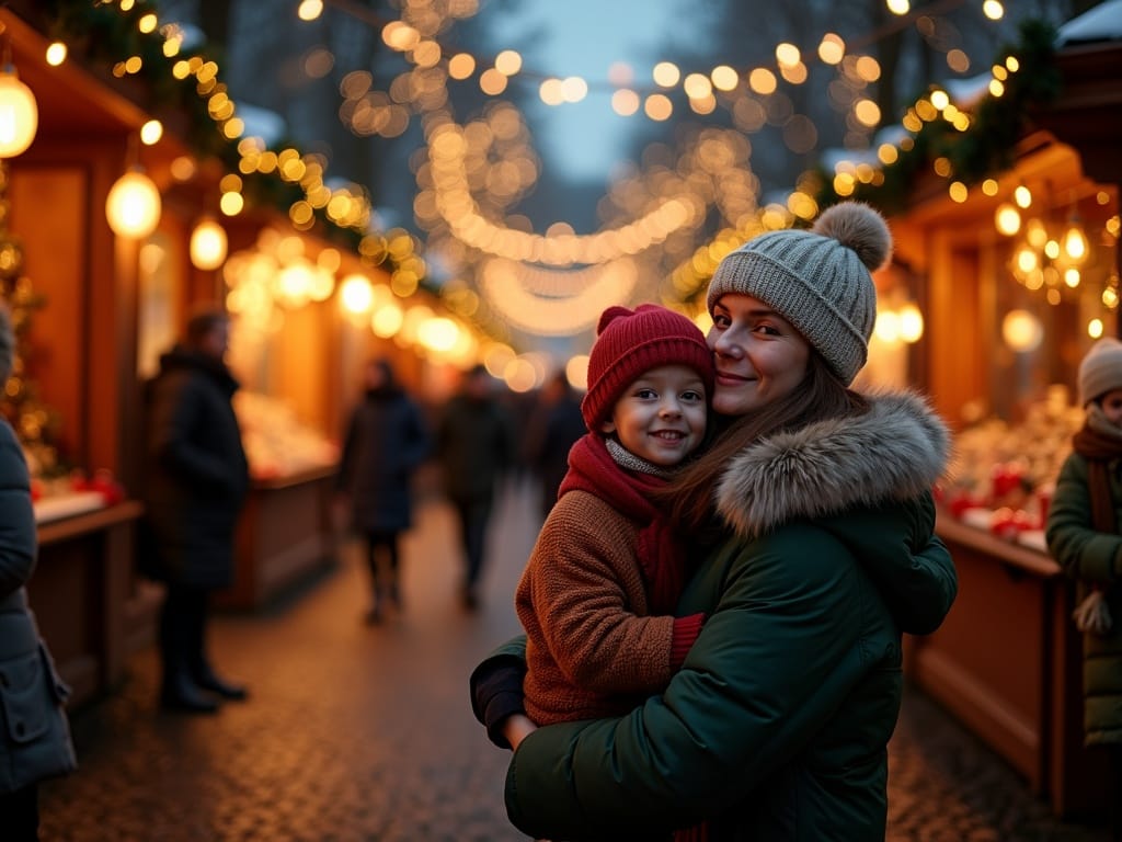 Familie nyder aftenstemningen med lys på udendørs julemarked i London
