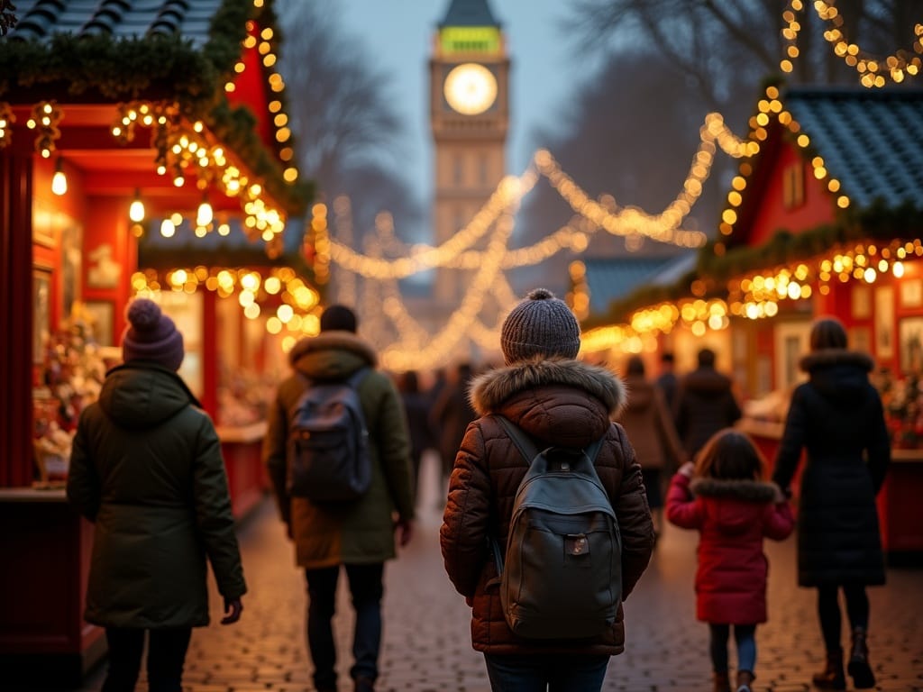 Familie går gennem udendørs julemarked i London med lys og boder