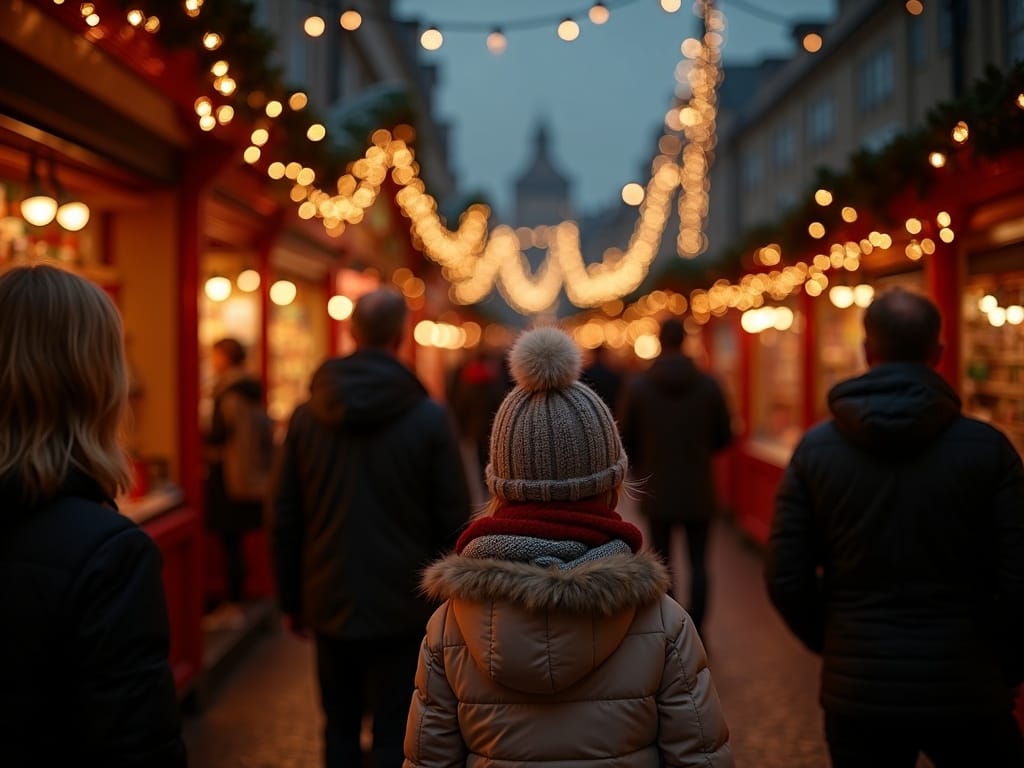 Dansk familie nyder julemarked i London med lys og boder i aftenlyset