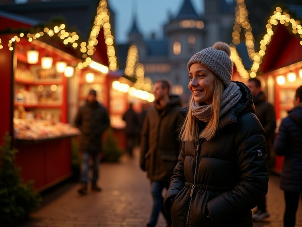 Dansk familie nyder britisk julemarked med lys og dekorationer i aftenskumring
