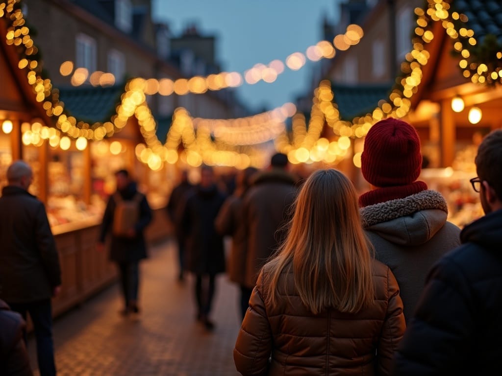 Dansk familie nyder julemarked i England om aftenen med lys og dekorationer