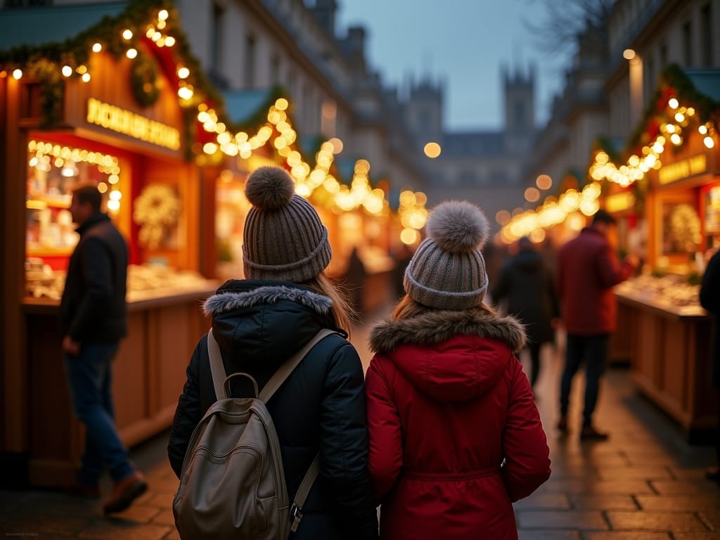 Dansk familie besøger et julemarked i London om aftenen omgivet af festlige lys