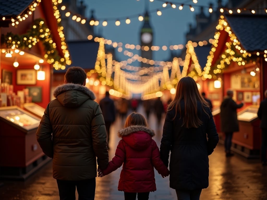 Dansk familie udforsker britisk julemarked med lys og boder om aftenen